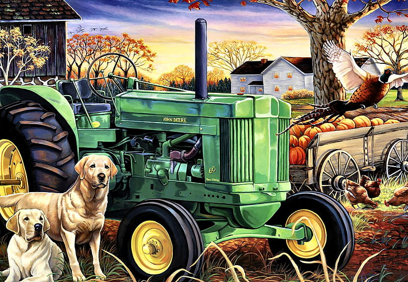 Morning Work - John Deere, planting, art, tractor, pheasant, bonito, artwork, canine, farm, bird, painting, wide screen, scenery, crops, landscape, John Deere, dogs, HD wallpaper