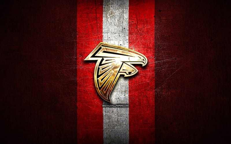 Atlanta Falcons, golden logo, NFL, red metal background, american football club, Atlanta Falcons logo, american football, USA, HD wallpaper