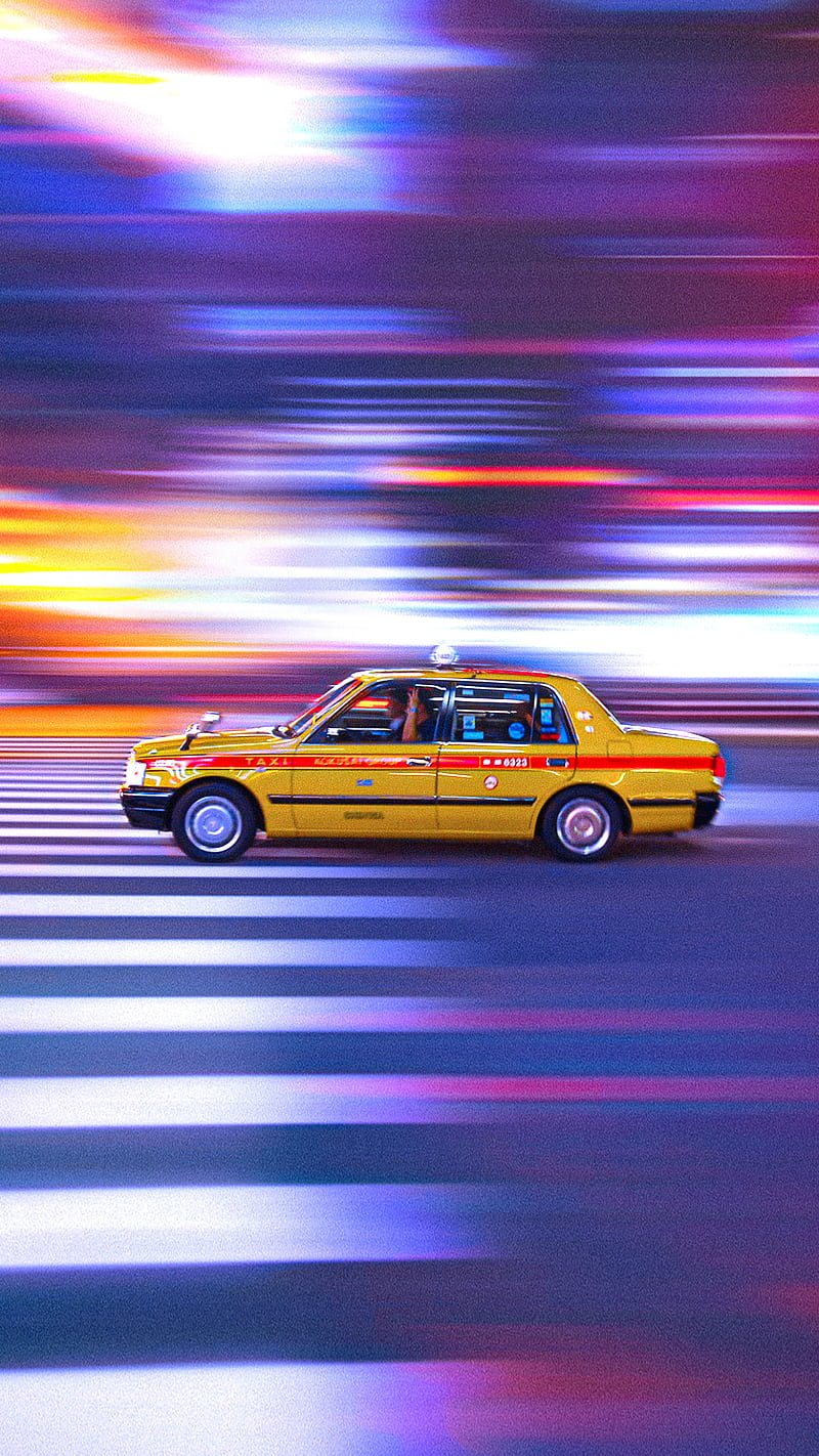 tokyo taxi, Circlestances, cab, car, city, colors, cyberpunk, purple, retro, street, yellow, HD phone wallpaper