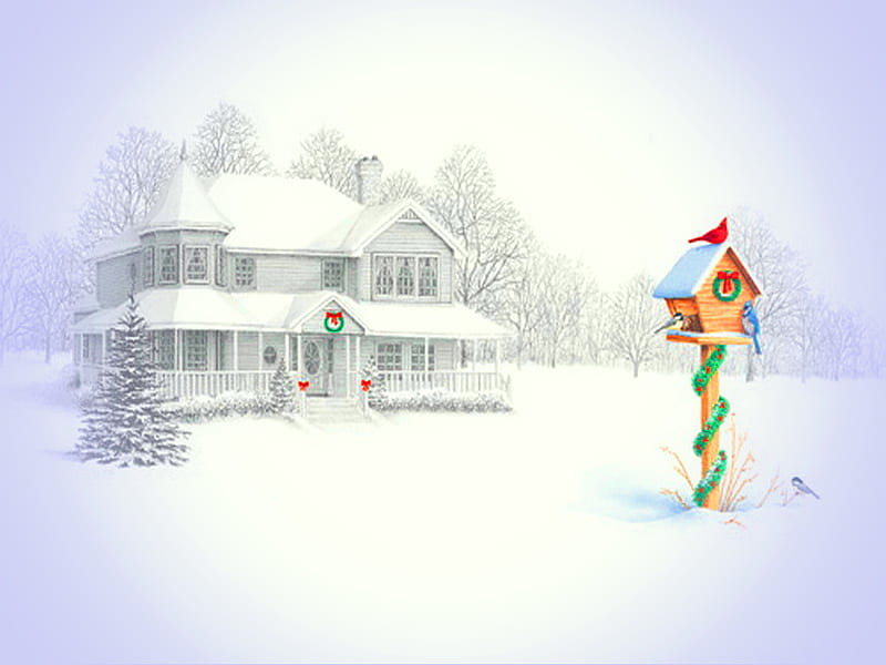Touch of Christmas, house, bows, green garland, winter, wreaths, bird feeder, chickadee, snow, white, jay, cardinal, HD wallpaper