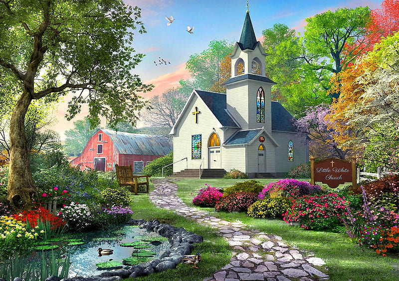 Little White Church, pond, painting, flowers, ducks, path, trees, barn, artwork, HD wallpaper