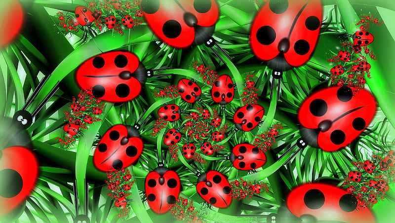 ✫LadyBug Convention✫, red, colorful, lovely, love four seasons, ladybug convention, bonito, softness beauty, spring, creative pre-made, digital art, raw fractals, green, fractal art, ladybugs, HD wallpaper
