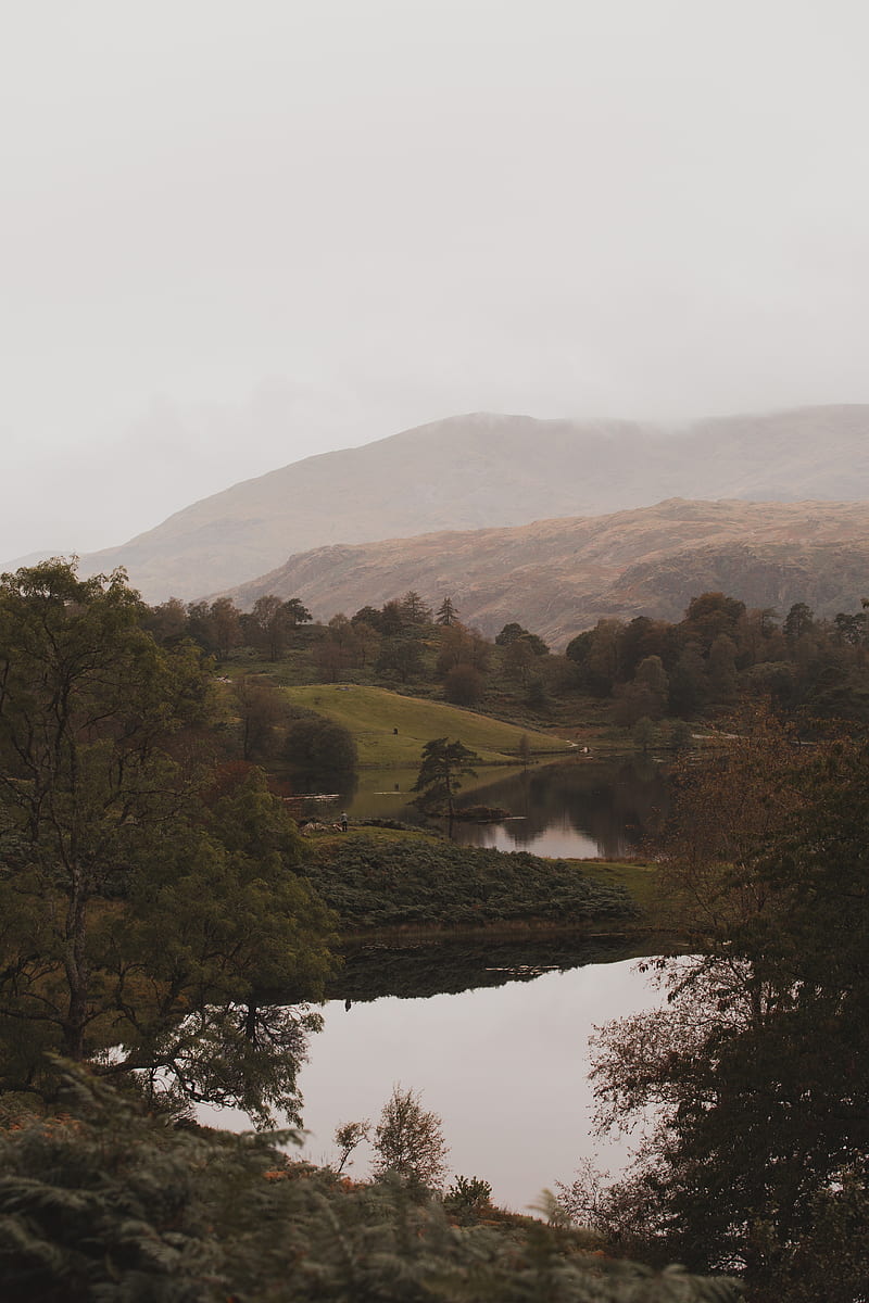 lake, mountains, hills, fog, landscape, HD phone wallpaper