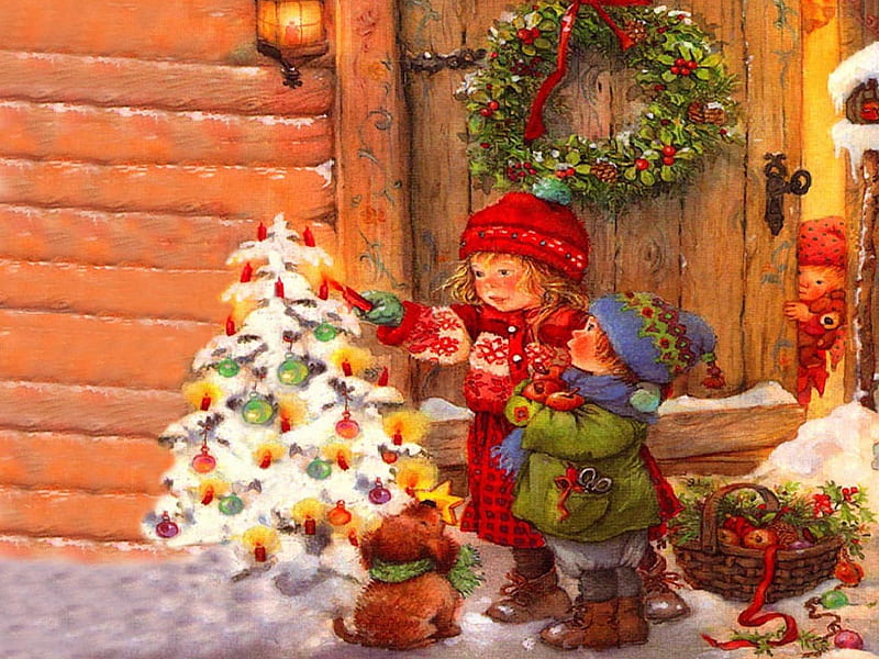 Wishing For Christmas, children, tree, christmas, snow, HD wallpaper