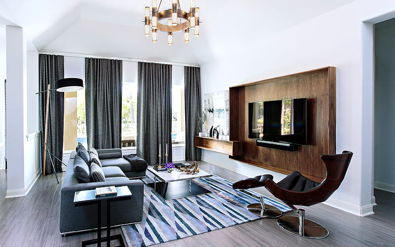 modern design, living room, modern interior, white walls, gray furniture, HD wallpaper