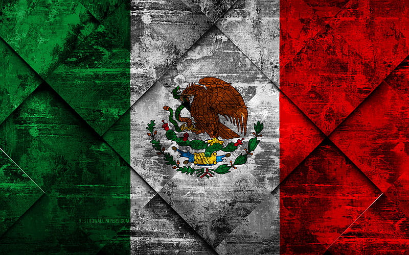 Flag of Mexico grunge art, rhombus grunge texture, Mexico flag, North America, national symbols, Mexico, creative art, HD wallpaper