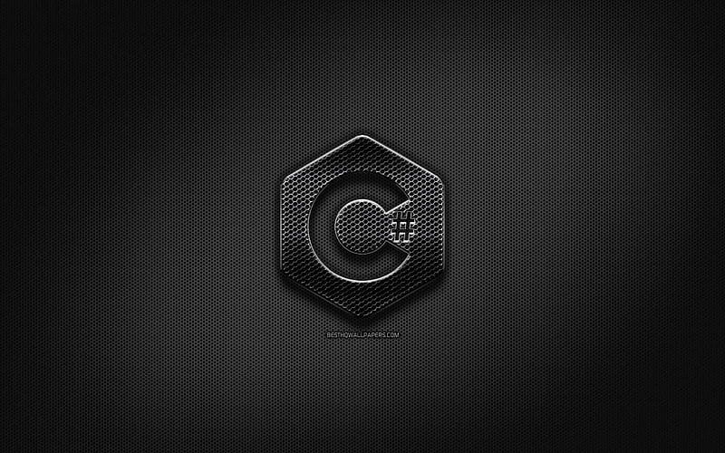 C Sharp black logo, programming language, grid metal background, C Sharp, artwork, creative, programming language signs, C Sharp logo, HD wallpaper