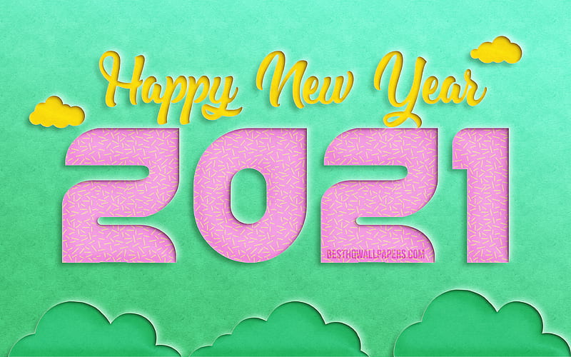 2021 new year, abstract landscapes, 2021 pink cut digits, 2021 concepts, 2021 on green background, 2021 year digits, Happy New Year 2021, HD wallpaper