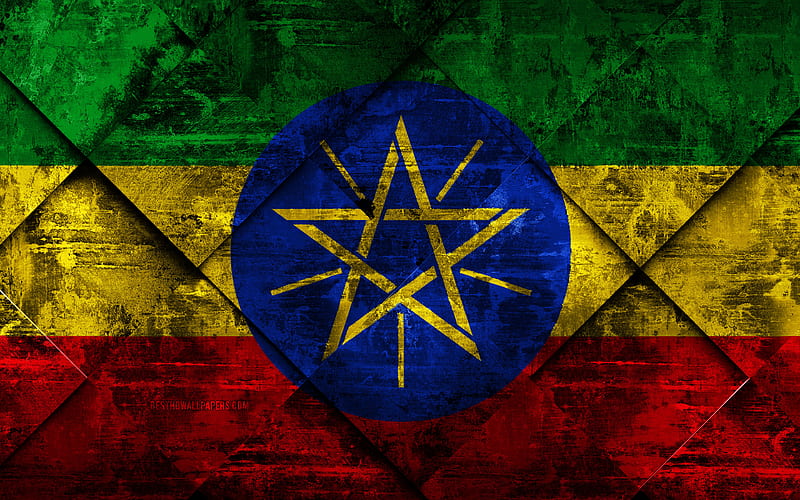 Flag of Ethiopia grunge art, rhombus grunge texture, Ethiopia flag, Africa, national symbols, Ethiopia, creative art, HD wallpaper
