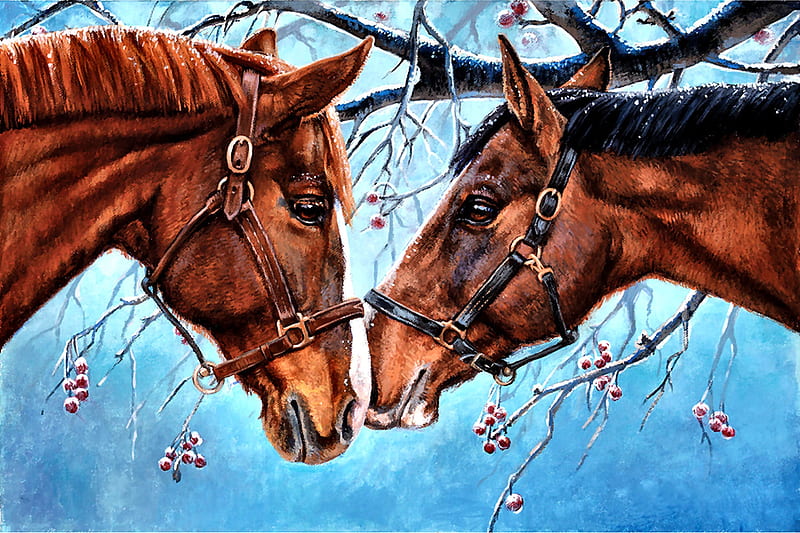 Snow Kissed - Horses F, art, equine, bonito, horse, artwork, animal, winter, fantasy, snow, painting, wide screen, HD wallpaper