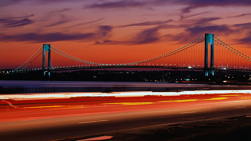 verrazano narrows bridge from the belt pkwy in nyc, highway, bridge, dusk, bay, lights, HD wallpaper