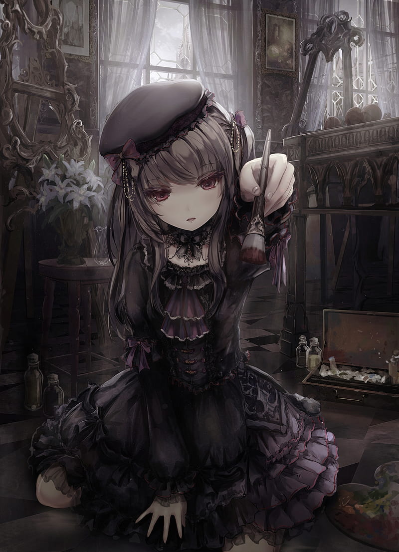 gothic anime girl, lolita, dress, brush, Anime, HD phone wallpaper