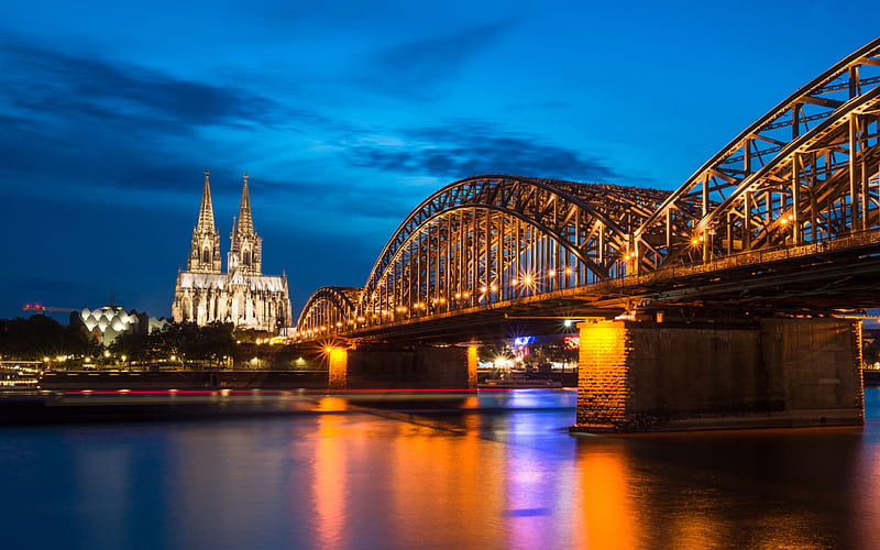 Cologne, Hohenzollern Bridge, Cologne Cathedral, Rhine, evening, sunset, Cologne cityscape, Germany, HD wallpaper