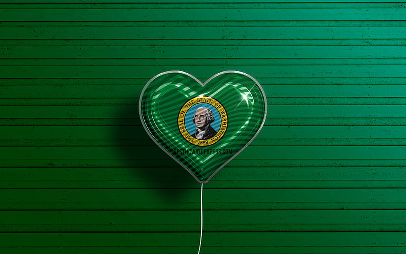 I Love Washington, realistic balloons, green wooden background, United States of America, Washington flag heart, flag of Washington, balloon with flag, American states, Love Washington, USA, HD wallpaper