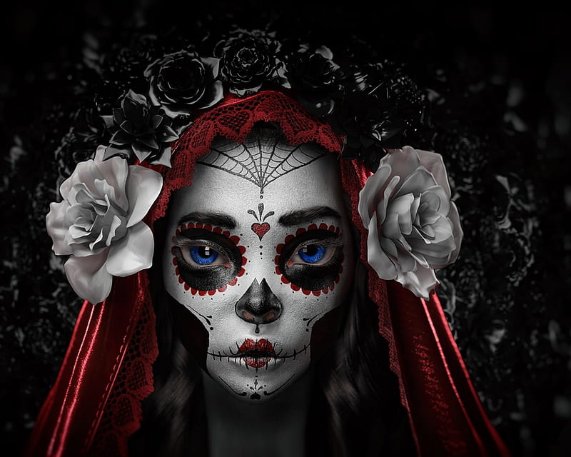 Day of the Dead Sugar Skull, Red, Black, Sewn Lips, Blue Eyes, Bootiful, White, Red Veil, Skull, Makeup, Spider Web, corazones, Flowers, Roses, HD wallpaper