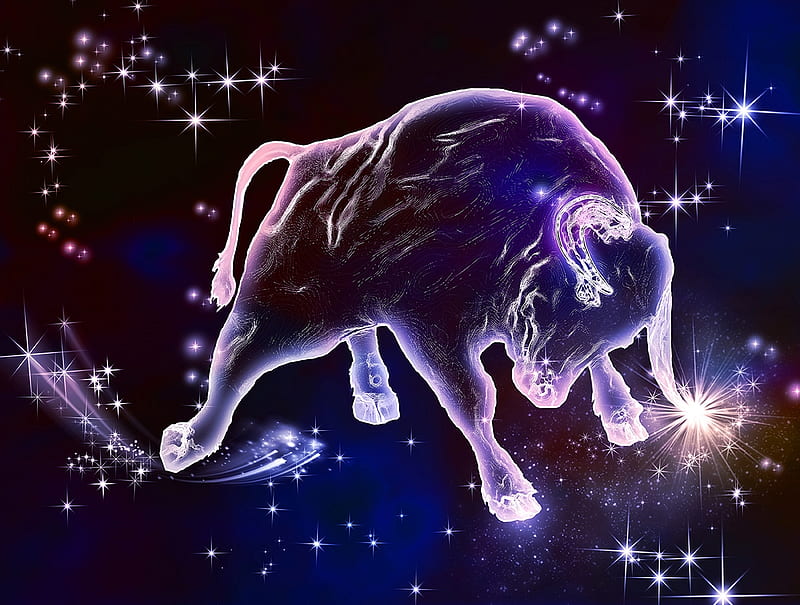 Zodiac ~ Taurus, stars, fantasy, taurus, zodiac, bull, pink, blue, HD wallpaper