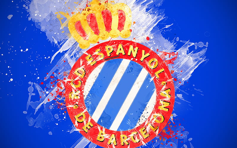 RCD Espanyol paint art, creative, Spanish football team, logo, La Liga, The Primera Division, emblem, blue background, grunge style, Barcelona, Spain, football, HD wallpaper
