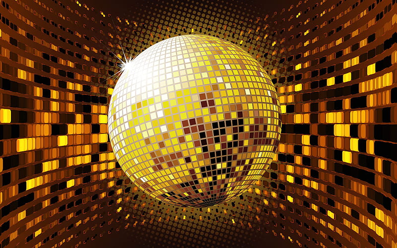 yellow disco ball, abstract art, discobolus, night club accessories, disco ball, HD wallpaper