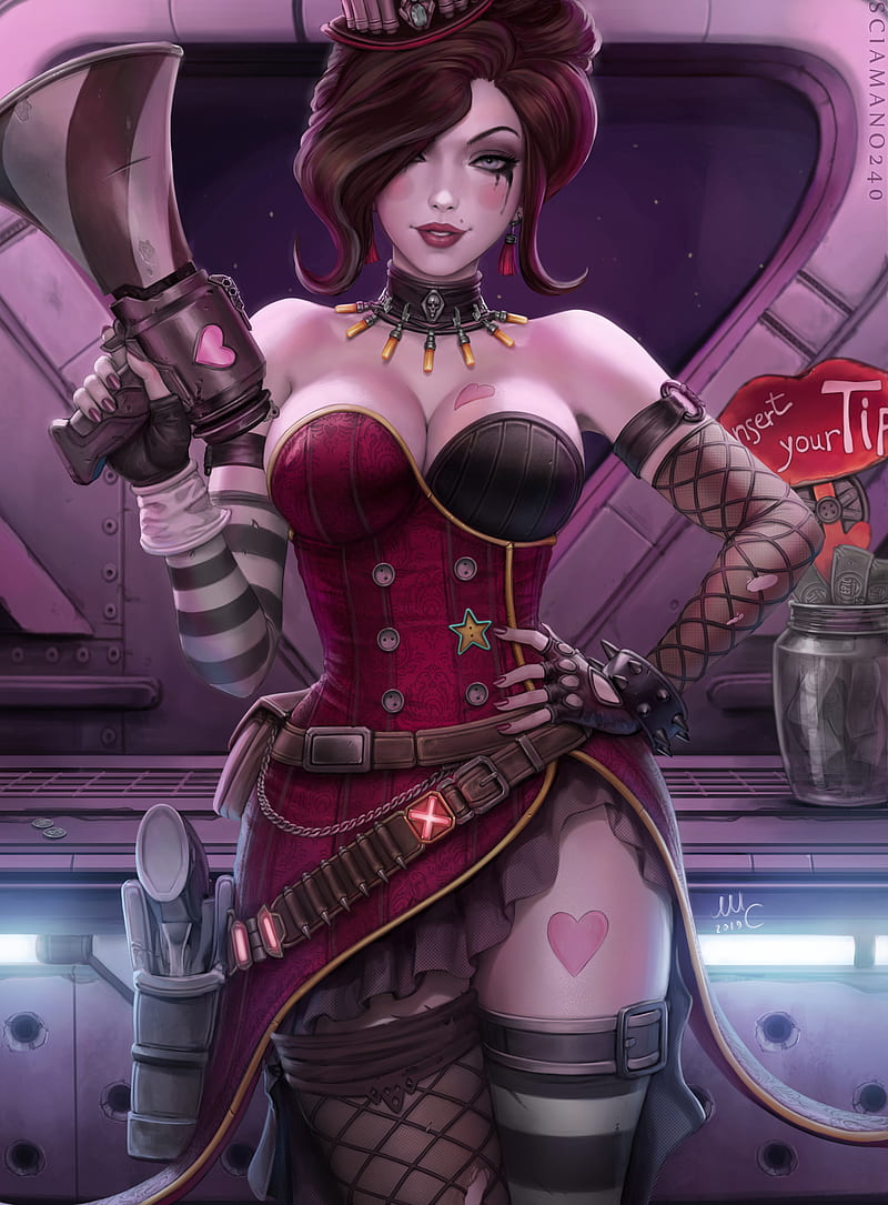 Moxxi, Mad moxxi, Borderlands, Borderlands 2, video games, video game characters, hairbun, women with hats, red lipstick, portrait, vertical, collars, smiling, makeup, tattoo, bare shoulders, cleavage, dress, stockings, thigh-highs, fishnet stockings, belt, gun, weapon, bullet, painted nails, megaphones, artwork, drawing, illustration, digital art, fan art, video game girls, Sciamano240, Mirco Cabbia, HD phone wallpaper