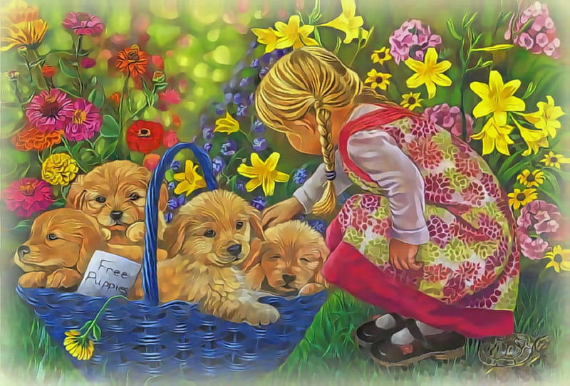 ★Basket Full of Love★, colorful, gardening, attractions in dreams, bonito, adorable, seasons, paintings, puppies, people, love, bright, flowers, lovely flowers, drawings, animals, lovely, love four seasons, lilies, creative pre-made, turtle, spring, cute, girl, basket, weird things people wear, summer, dogs, HD wallpaper
