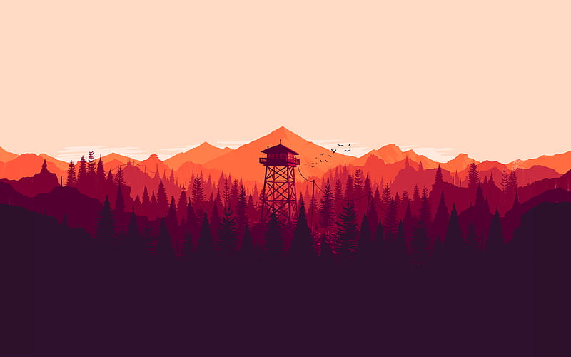 brown wooden house on forest during daytime, drawing, traditional art, Firewatch, video games, PC gaming, mountains, nature, trees, landscape, video game art, HD wallpaper
