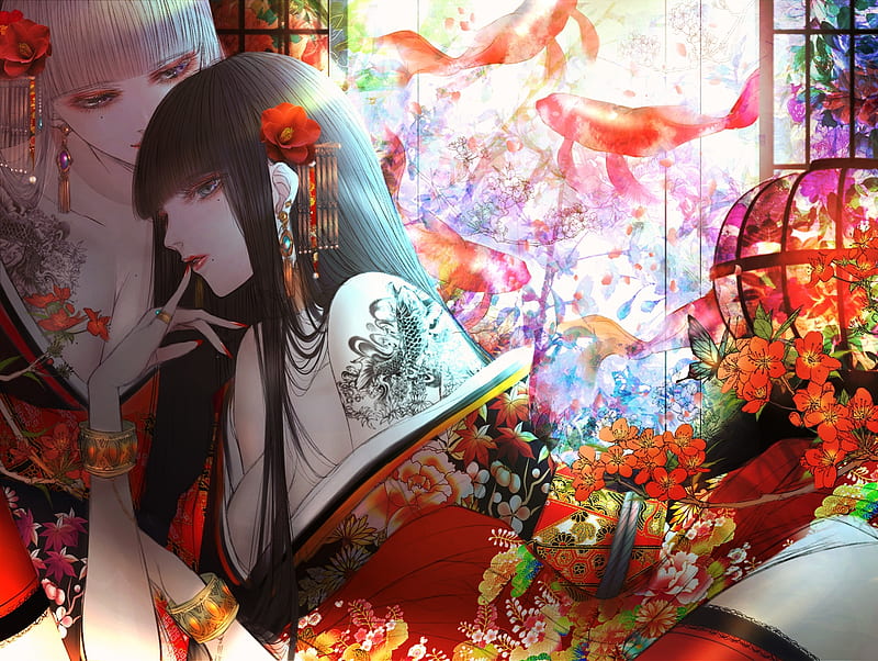 Geishas, red, girl, tattoo, anime, manga, asian, kimono, couple, flower, HD wallpaper