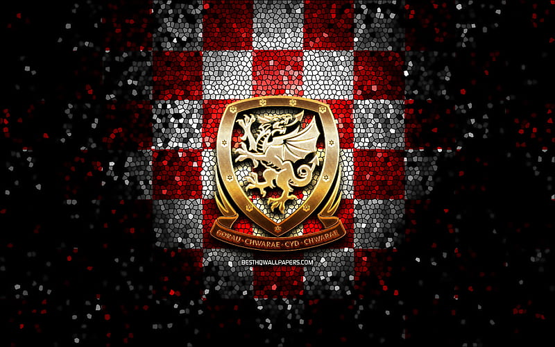 Welsh football team, glitter logo, UEFA, Europe, red white checkered background, mosaic art, soccer, Wales National Football Team, FAW logo, football, Wales, HD wallpaper