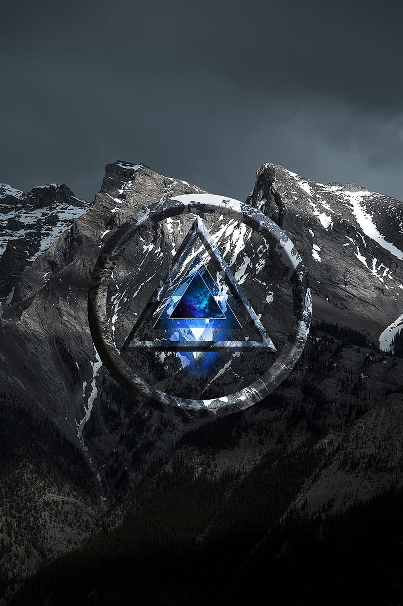 mountain pass, polyscape, digital art, triangle, circle, dark, mountains, HD phone wallpaper