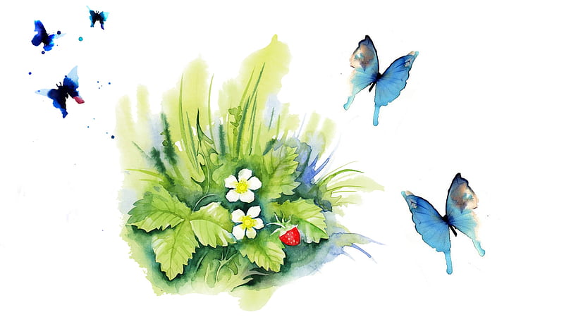Watercolor Strawberry Plants, grass, paint, butterflies, fruit, summer, blossoms, strawberries, nature, Firefox Persona theme, watercolor, HD wallpaper