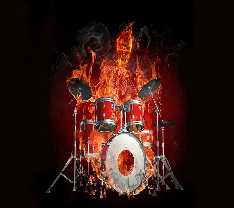 Drummer, flame, skull, HD wallpaper