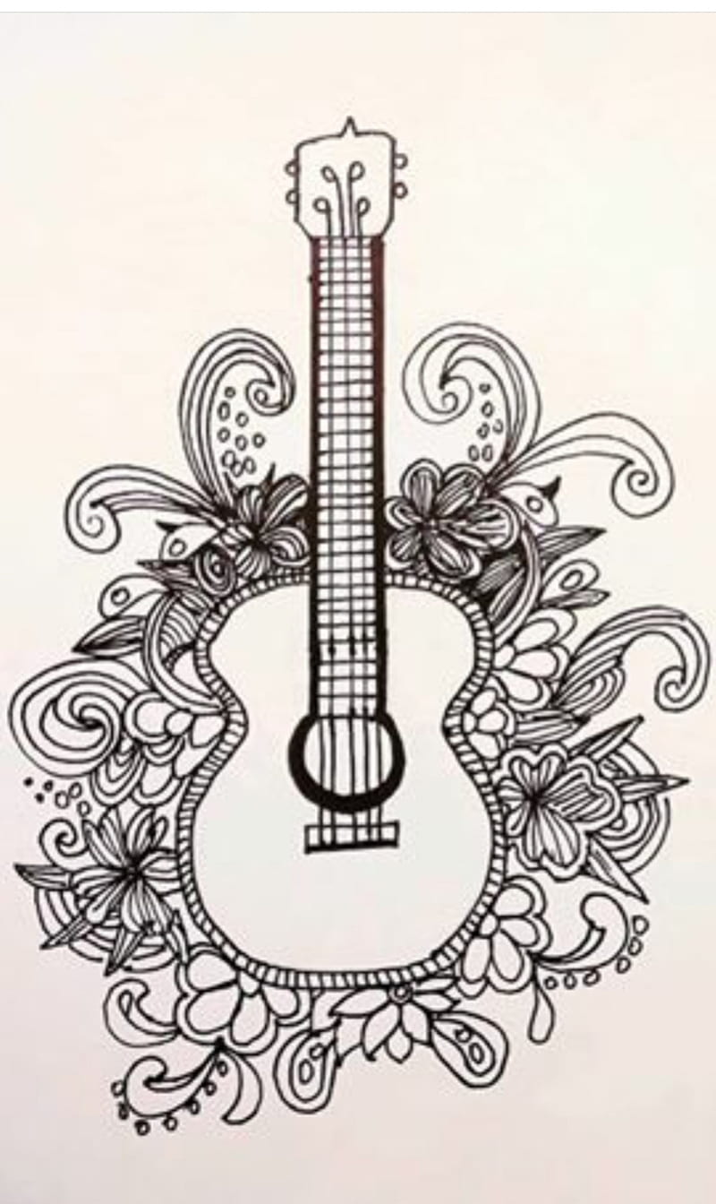 Acoustic Guitar Colored Pencil Drawing With Bouquet Flowers, 47% OFF