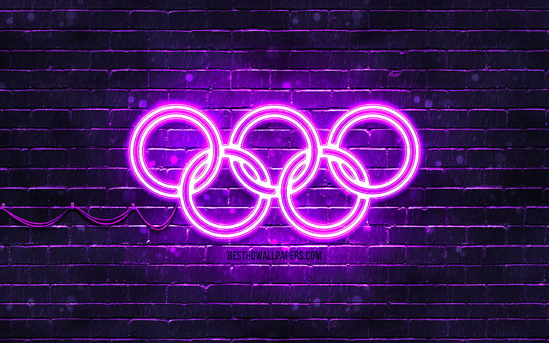 Violet Olympic Rings violet brickwall, Olympic rings sign, olympic symbols, Neon Olympic rings, Olympic rings, HD wallpaper