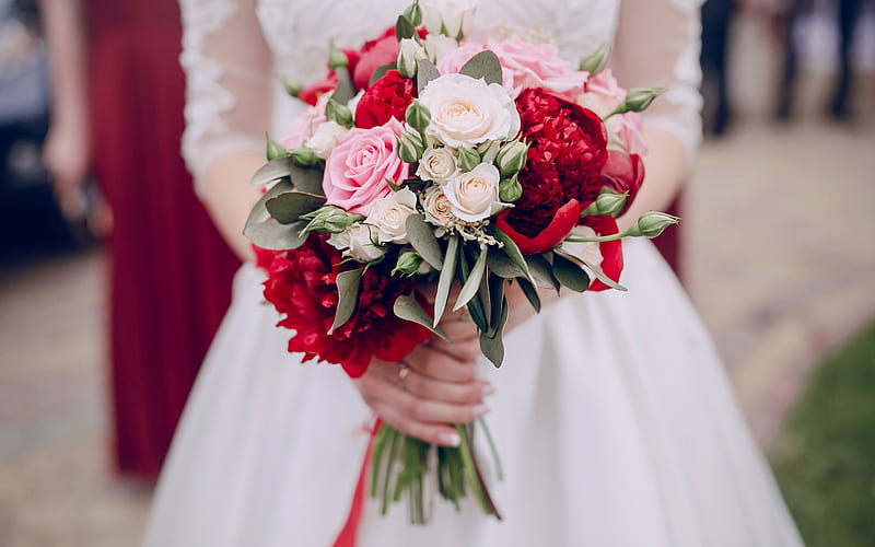 wedding bouquet, bride, wedding concepts, white wedding dress, roses, red peonies, HD wallpaper