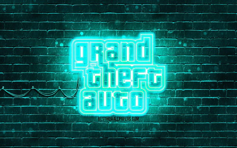 GTA turquoise logo turquoise brickwall, Grand Theft Auto, GTA logo, GTA neon logo, GTA, Grand Theft Auto logo, HD wallpaper