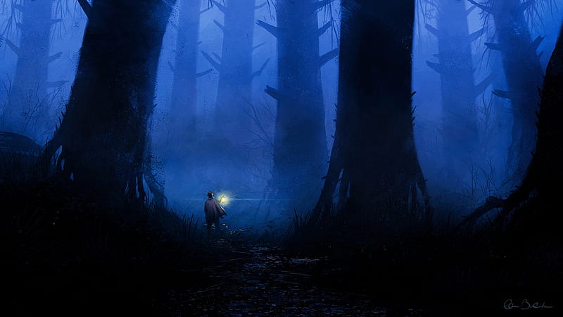 Dark forest, forest, fantasy, christopher balaskas, black, man, night, blue, light, HD wallpaper