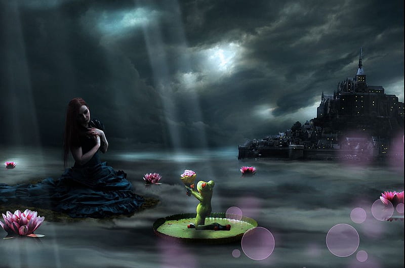 The Prince of Frogs, girl, lake, art, digital, flowers, twilight, castle, HD wallpaper