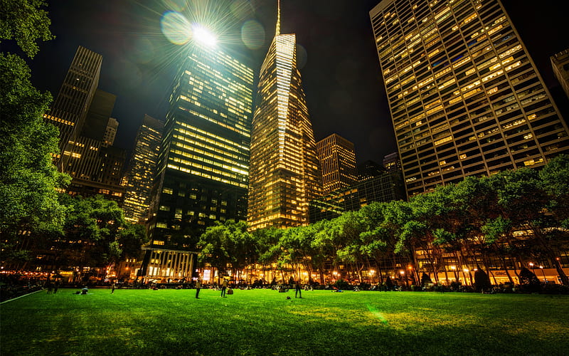Bryant Park In New York, architecture, new york, grass, bonito, park, trees, lights, skyscrapers, green, usa, bryant park, night, HD wallpaper