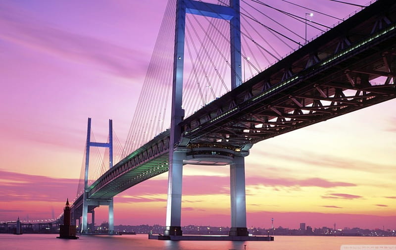 Yokohama Bridge, japan, japanese, bridge, yokohama, sunset, sky, HD wallpaper