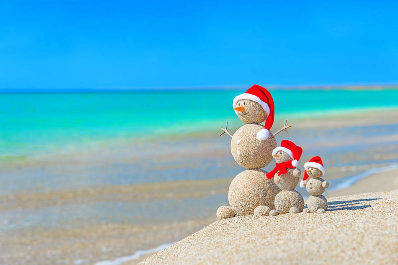 Holidays on the Beach, Christmas, family, snowmen, holidays, New Year, love four seasons, 2018, xmas and new year, sea, beaches, winter holidays, sands, HD wallpaper