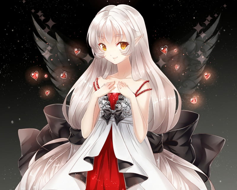 Tenshi, pretty, adorable, magic, wing, sweet, nice, love, anime, beauty, anime girl, long hair, wings, lovely, gown, black, happy, cute, heart, maiden, dress, bonito, sublime, loli, gorgeous, female, angel, lolita, smile, fantays, kawaii, girl, silver hair, lady, angelic, HD wallpaper