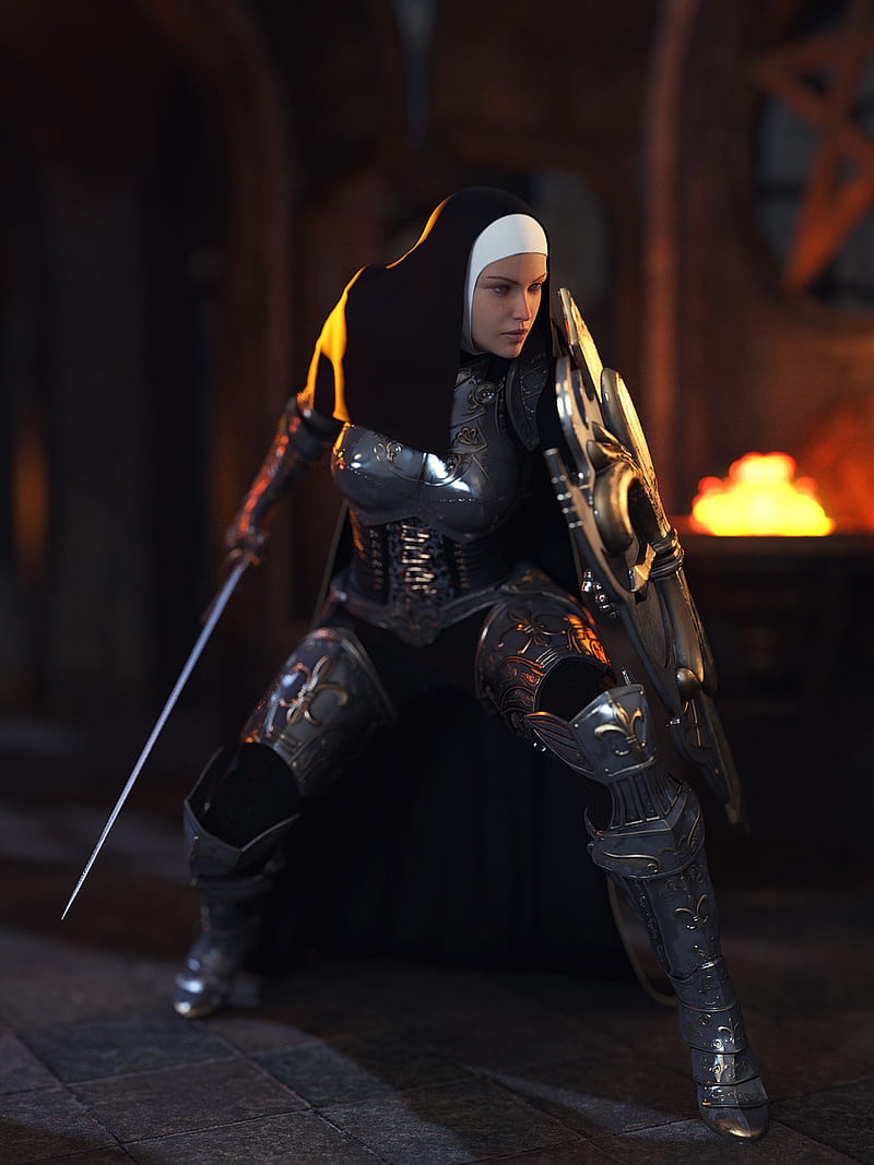 CGI, render, nuns, warrior, fantasy art, fantasy girl, sword, shield, Armored, girls with swords, HD phone wallpaper