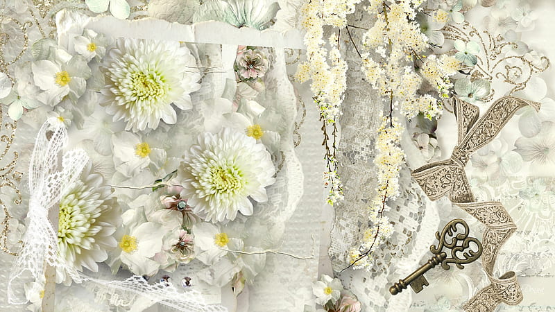Summers Remembrance, white flowers, lace, ribbons, floral, key, bokeh, summer, flowers, Firefox Persona theme, vintage, HD wallpaper