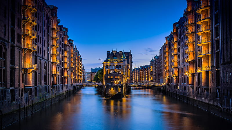 Hafen City Hamburg, Cityscapes, Germany, Canals, Sunsets, Nature, HD wallpaper