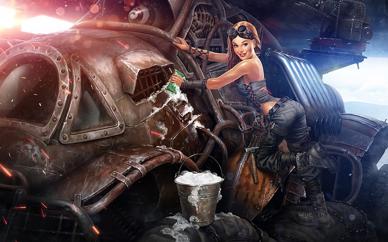 Post apocalypse pin-up, pin up, fantasy, girl, post apocalypse, HD wallpaper