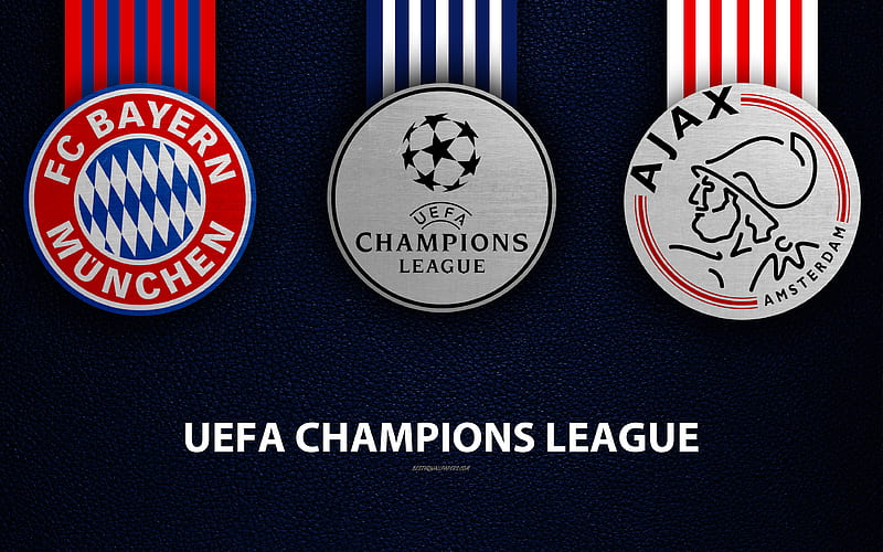 FC Bayern Munich vs Ajax FC leather texture, logos, Group E, promo, UEFA Champions League, football game, football club logos, Europe, HD wallpaper
