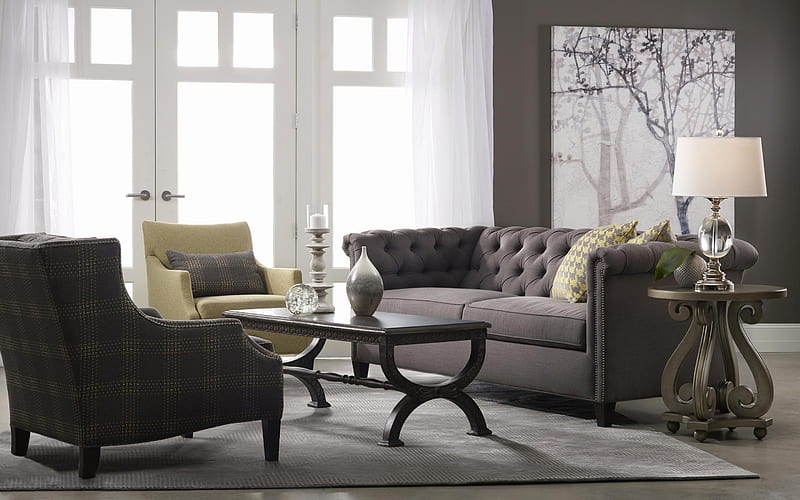 gray stylish interior, living room, classic style, gray sofa, classic furniture, modern interior design, HD wallpaper