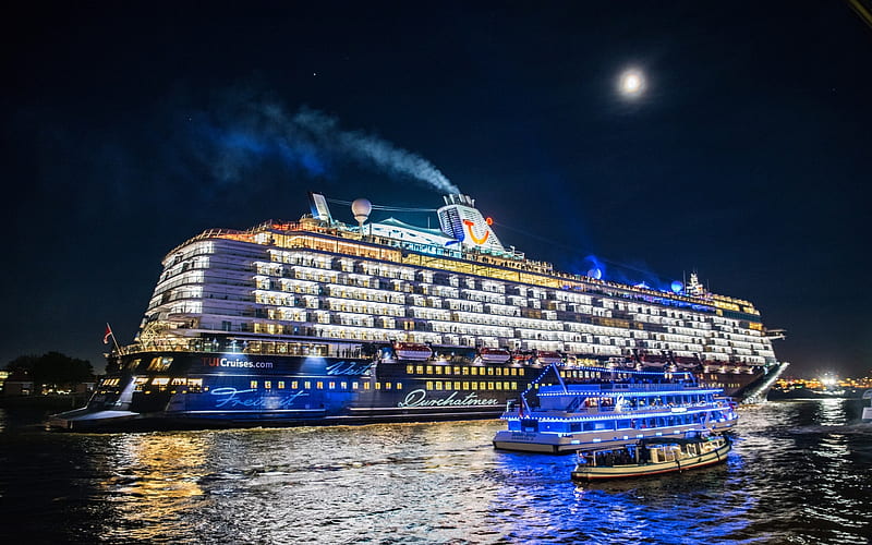 Elbe River, cruise liner, steamer, night, Hamburg, Germany, HD wallpaper