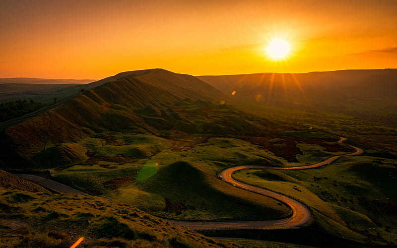 Derbyshire, Peak District, sunset, green hills, sun, road, England, HD wallpaper