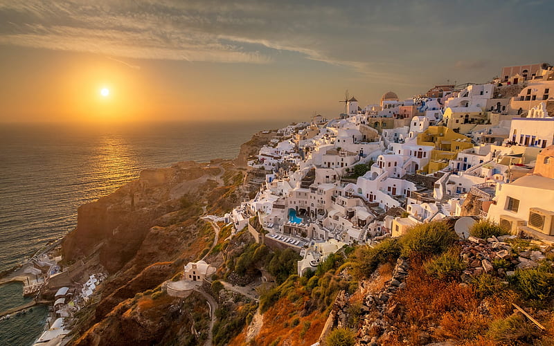 Santorini, Aegean, Thira, white houses, seascape, evening, sunset, romantic island, Greece, HD wallpaper