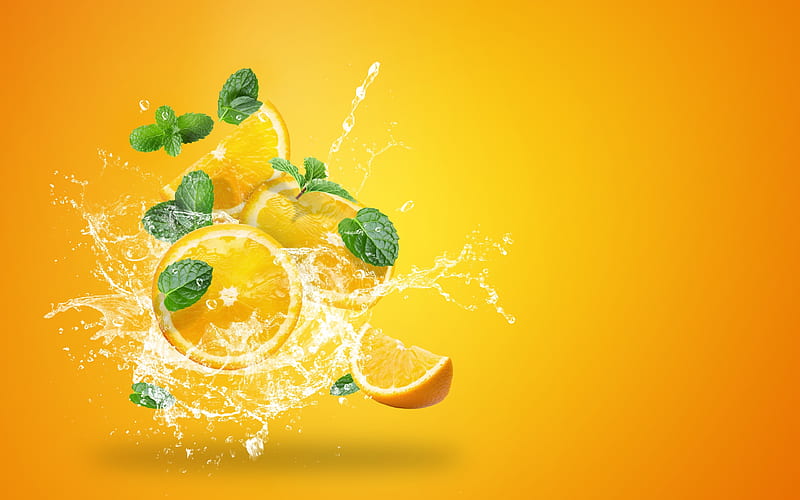 Oranges, mint, green, orange, fruit, splash, water, HD wallpaper